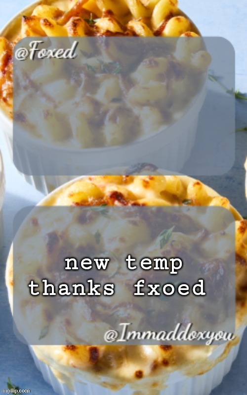 chat did foxed cook? | new temp thanks fxoed | image tagged in foxed maddox mac n cheese temp | made w/ Imgflip meme maker