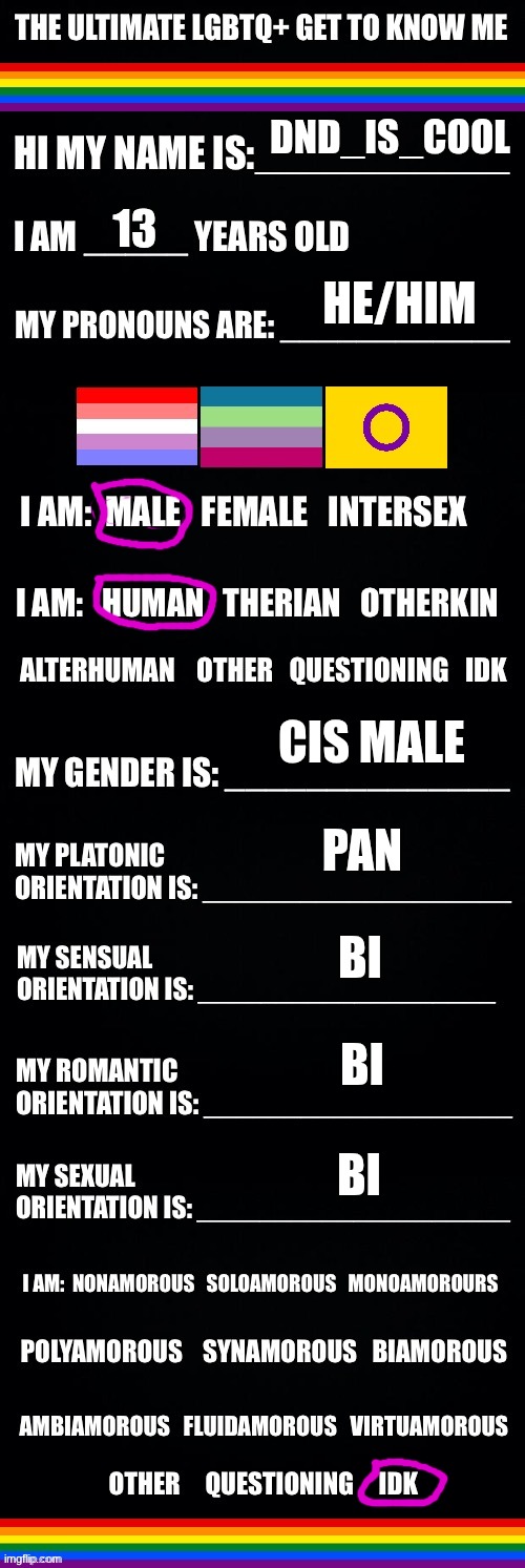 The ultimate LGBTQ+ get to know me | DND_IS_COOL; 13; HE/HIM; CIS MALE; PAN; BI; BI; BI | image tagged in the ultimate lgbtq get to know me | made w/ Imgflip meme maker