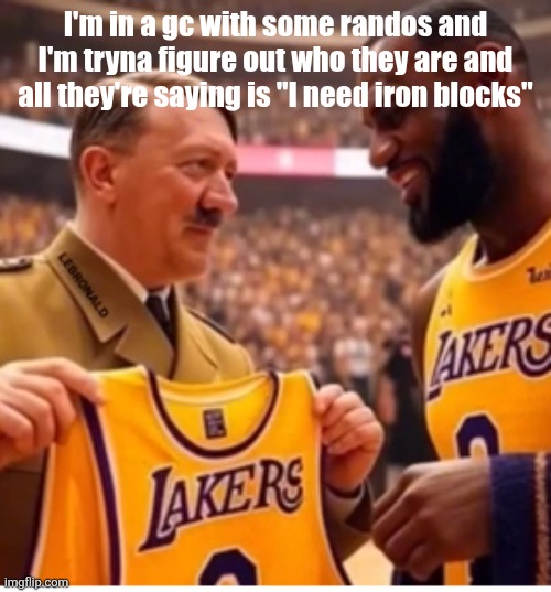 Adolf and lebron | I'm in a gc with some randos and I'm tryna figure out who they are and all they're saying is "I need iron blocks" | image tagged in adolf and lebron | made w/ Imgflip meme maker