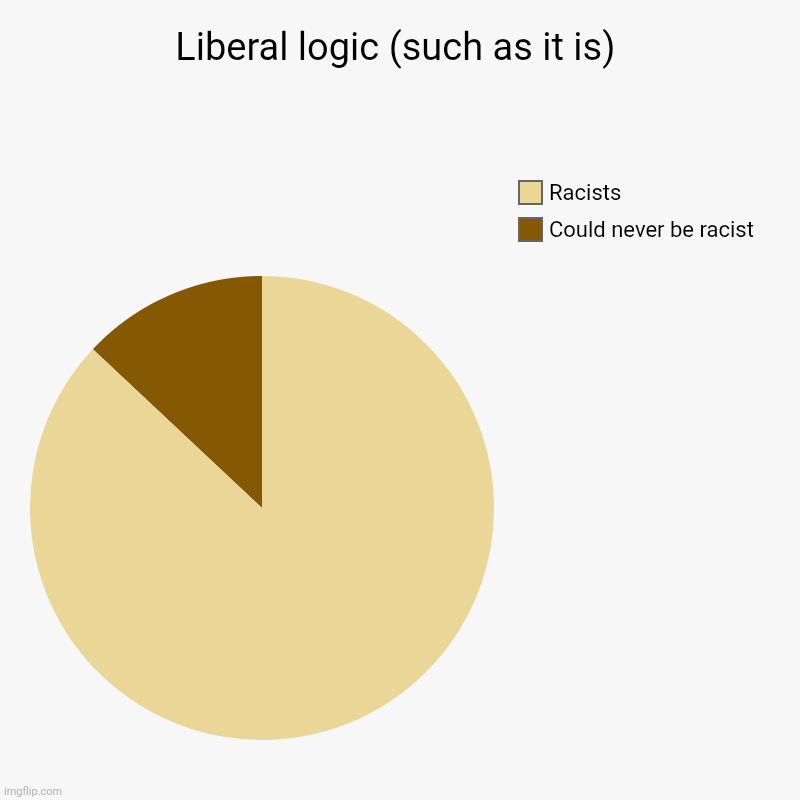 Try to explain to a lib that skin color doesn't determine behavior.  They/them will then call you a racist! | Liberal logic (such as it is) | Could never be racist, Racists | image tagged in charts,pie charts,liberals,racism | made w/ Imgflip chart maker