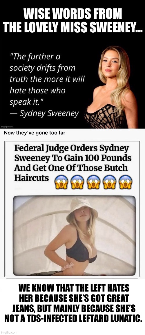 She might’ve said that at some point… | WE KNOW THAT THE LEFT HATES HER BECAUSE SHE’S GOT GREAT JEANS, BUT MAINLY BECAUSE SHE’S NOT A TDS-INFECTED LEFTARD LUNATIC. | image tagged in political meme,sydney sweeney,quote,the left hates,great jeans | made w/ Imgflip meme maker