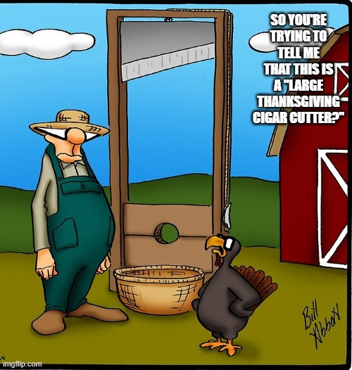 Turkey doesn't believe that the guillotine is a large Thanksgiving cigar cutter. | SO YOU'RE TRYING TO TELL ME THAT THIS IS A "LARGE THANKSGIVING CIGAR CUTTER?" | image tagged in funny,humor,thanksgiving,turkey,guillotine,cigar | made w/ Imgflip meme maker