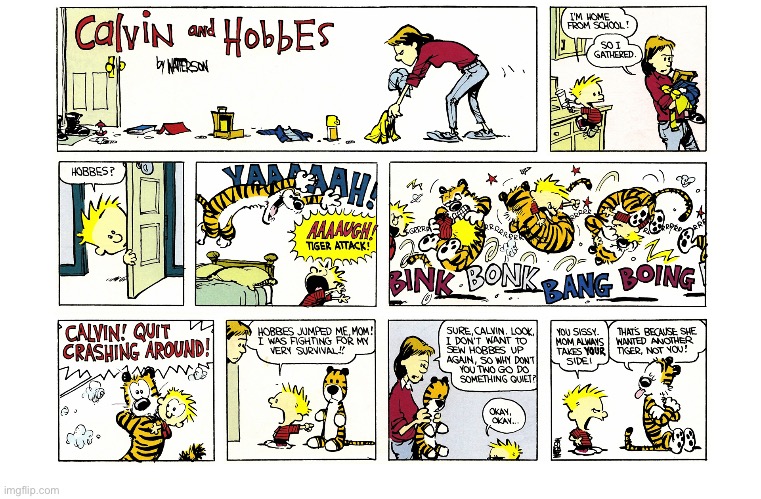 Calvin’s reality and his mom’s reality are forever at odds with each other… | image tagged in calvin and hobbes,comics,home from school,tussle,tiger attack,at odds | made w/ Imgflip meme maker