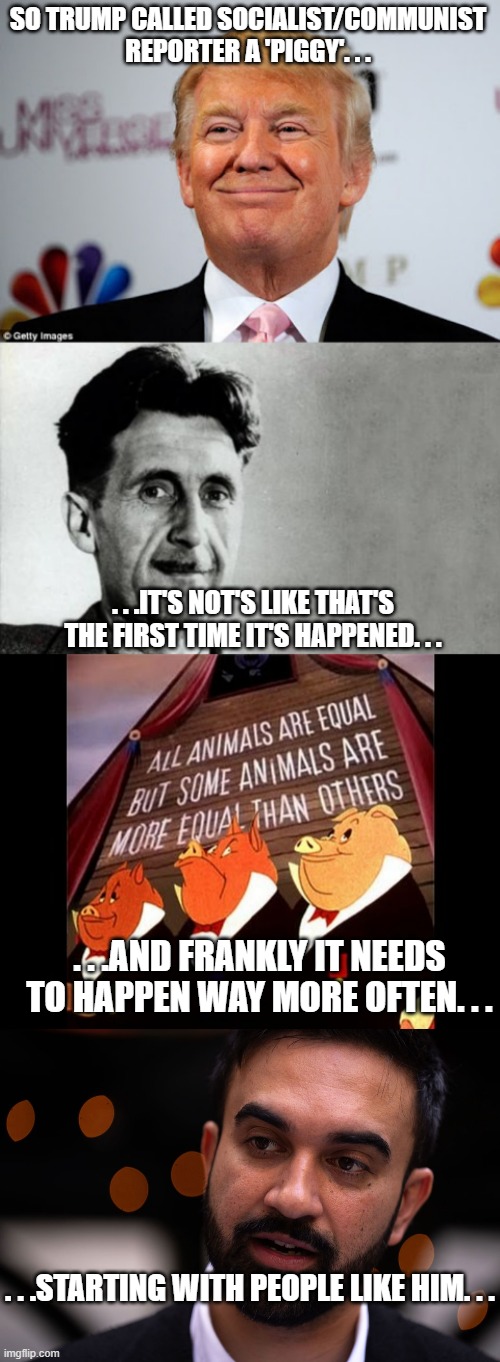Should we continue what Orwell started? | SO TRUMP CALLED SOCIALIST/COMMUNIST REPORTER A 'PIGGY'. . . . . .IT'S NOT'S LIKE THAT'S THE FIRST TIME IT'S HAPPENED. . . . . .AND FRANKLY IT NEEDS TO HAPPEN WAY MORE OFTEN. . . . . .STARTING WITH PEOPLE LIKE HIM. . . | image tagged in donald trump approves,george orwell,animal farm pigs,zohran mamdani,politics,meme | made w/ Imgflip meme maker