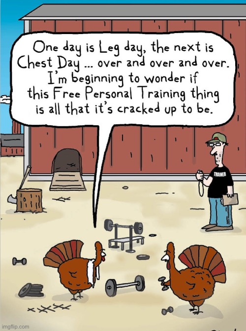 Getting ‘em ready for Thanksgiving… | image tagged in repost,turkeys,bodybuilding,parts,personal trainer,thanksgiving | made w/ Imgflip meme maker