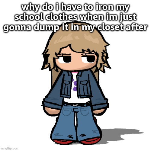 Stardust but a goober | why do i have to iron my school clothes when im just gonna dump it in my closet after | image tagged in stardust but a goober | made w/ Imgflip meme maker