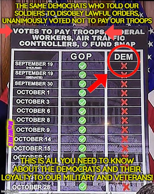 Treason Democrats | THE SAME DEMOCRATS WHO TOLD OUR SOLDIERS TO DISOBEY LAWFUL ORDERS, UNANIMOUSLY VOTED NOT TO PAY OUR TROOPS; MajMEMES; THIS IS ALL YOU NEED TO KNOW ABOUT THE DEMOCRATS AND THEIR LOYALTY TO OUR MILITARY AND VETERANS! | image tagged in democrats,sedition,treason | made w/ Imgflip meme maker