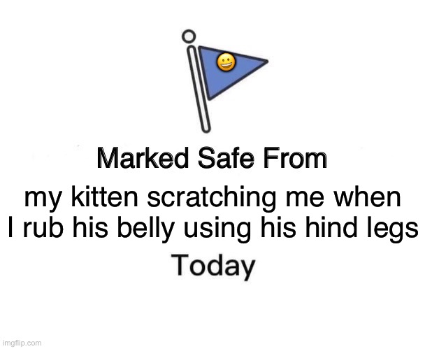 Marked Safe From Meme | 😀; my kitten scratching me when I rub his belly using his hind legs | image tagged in memes,marked safe from | made w/ Imgflip meme maker