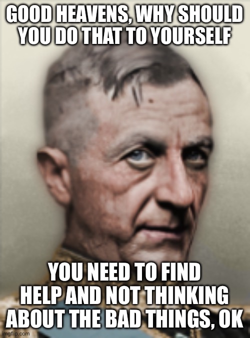 GOOD HEAVENS, WHY SHOULD YOU DO THAT TO YOURSELF YOU NEED TO FIND HELP AND NOT THINKING ABOUT THE BAD THINGS, OK | made w/ Imgflip meme maker