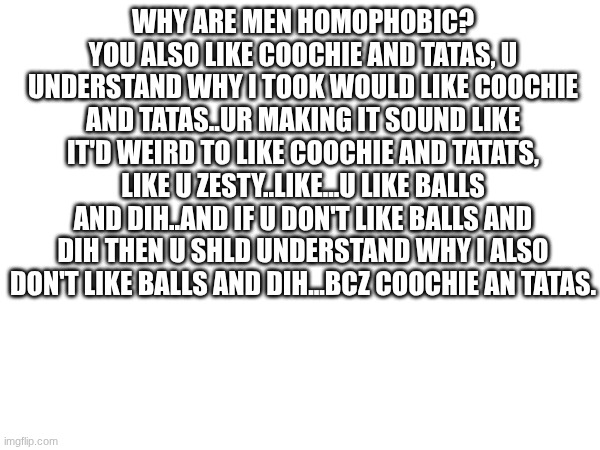 WHY ARE MEN HOMOPHOBIC? YOU ALSO LIKE COOCHIE AND TATAS, U UNDERSTAND WHY I TOOK WOULD LIKE COOCHIE AND TATAS..UR MAKING IT SOUND LIKE IT'D WEIRD TO LIKE COOCHIE AND TATATS, LIKE U ZESTY..LIKE...U LIKE BALLS AND DIH..AND IF U DON'T LIKE BALLS AND DIH THEN U SHLD UNDERSTAND WHY I ALSO DON'T LIKE BALLS AND DIH...BCZ COOCHIE AN TATAS. | made w/ Imgflip meme maker
