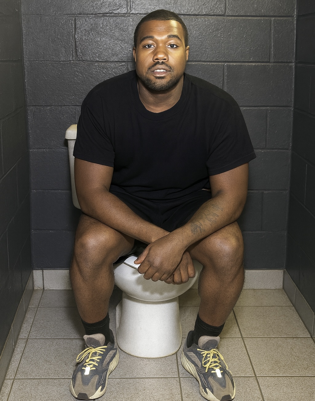 Kanye West hace caca en el baño y todos en el baño dicen que la Blank Meme Template