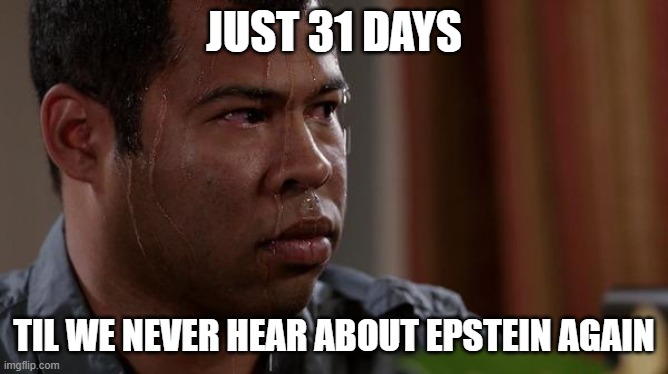 sweating bullets | JUST 31 DAYS TIL WE NEVER HEAR ABOUT EPSTEIN AGAIN | image tagged in sweating bullets | made w/ Imgflip meme maker