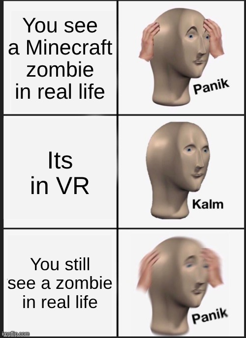 idk | You see a Minecraft zombie in real life; Its in VR; You still see a zombie in real life | image tagged in memes,panik kalm panik | made w/ Imgflip meme maker