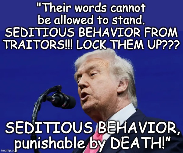 Doubling down on his rejection of the Constitution, and the Republic for which . . . | "Their words cannot be allowed to stand. SEDITIOUS BEHAVIOR FROM TRAITORS!!! LOCK THEM UP??? SEDITIOUS BEHAVIOR,
punishable by DEATH!” | image tagged in trump,tyrant,idiocracy,constitution | made w/ Imgflip meme maker
