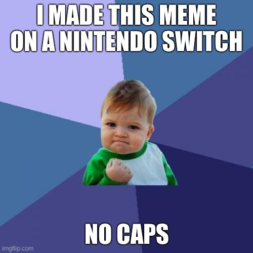 im being fr rn | I MADE THIS MEME ON A NINTENDO SWITCH; NO CAPS | image tagged in memes,success kid | made w/ Imgflip meme maker