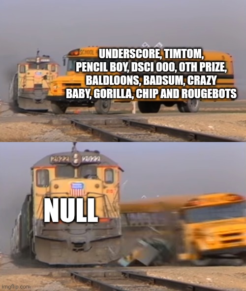 Pibby baldi scrapped cutscene be like | UNDERSCORE, TIMTOM, PENCIL BOY, DSCI 000, 0TH PRIZE, BALDLOONS, BADSUM, CRAZY BABY, GORILLA, CHIP AND ROUGEBOTS; NULL | image tagged in a train hitting a school bus | made w/ Imgflip meme maker