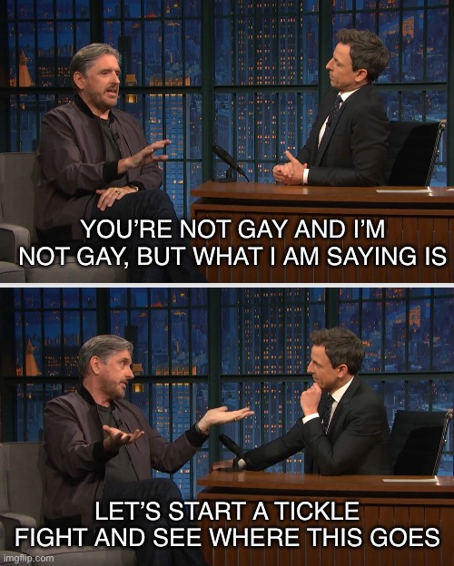Tickle Fight | YOU’RE NOT GAY AND I’M NOT GAY, BUT WHAT I AM SAYING IS; LET’S START A TICKLE FIGHT AND SEE WHERE THIS GOES | image tagged in craig ferguson,seth meyers,first class flirting,tickle | made w/ Imgflip meme maker