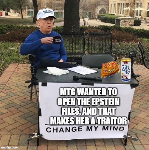 Thats what he said | MTG WANTED TO OPEN THE EPSTEIN FILES, AND THAT MAKES HER A TRAITOR | image tagged in trump chang my mind | made w/ Imgflip meme maker