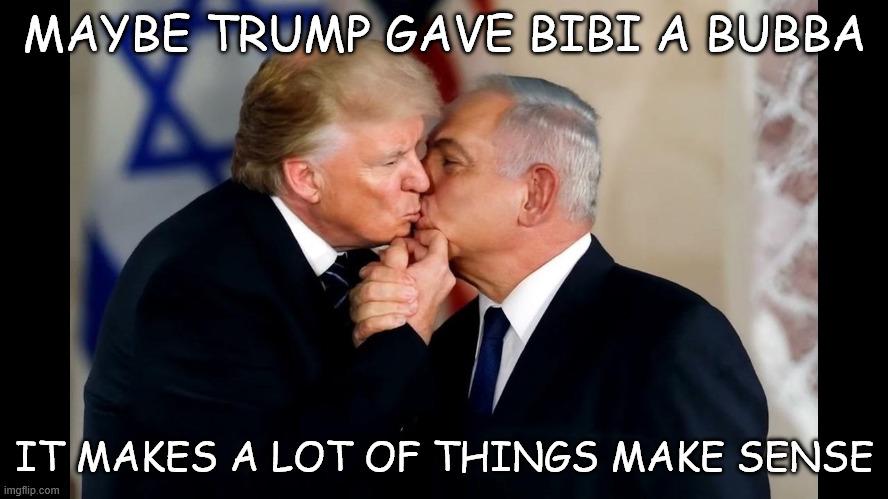 You'd think the money would be enough... | MAYBE TRUMP GAVE BIBI A BUBBA; IT MAKES A LOT OF THINGS MAKE SENSE | image tagged in bibi got a bubba,trump,bibi | made w/ Imgflip meme maker