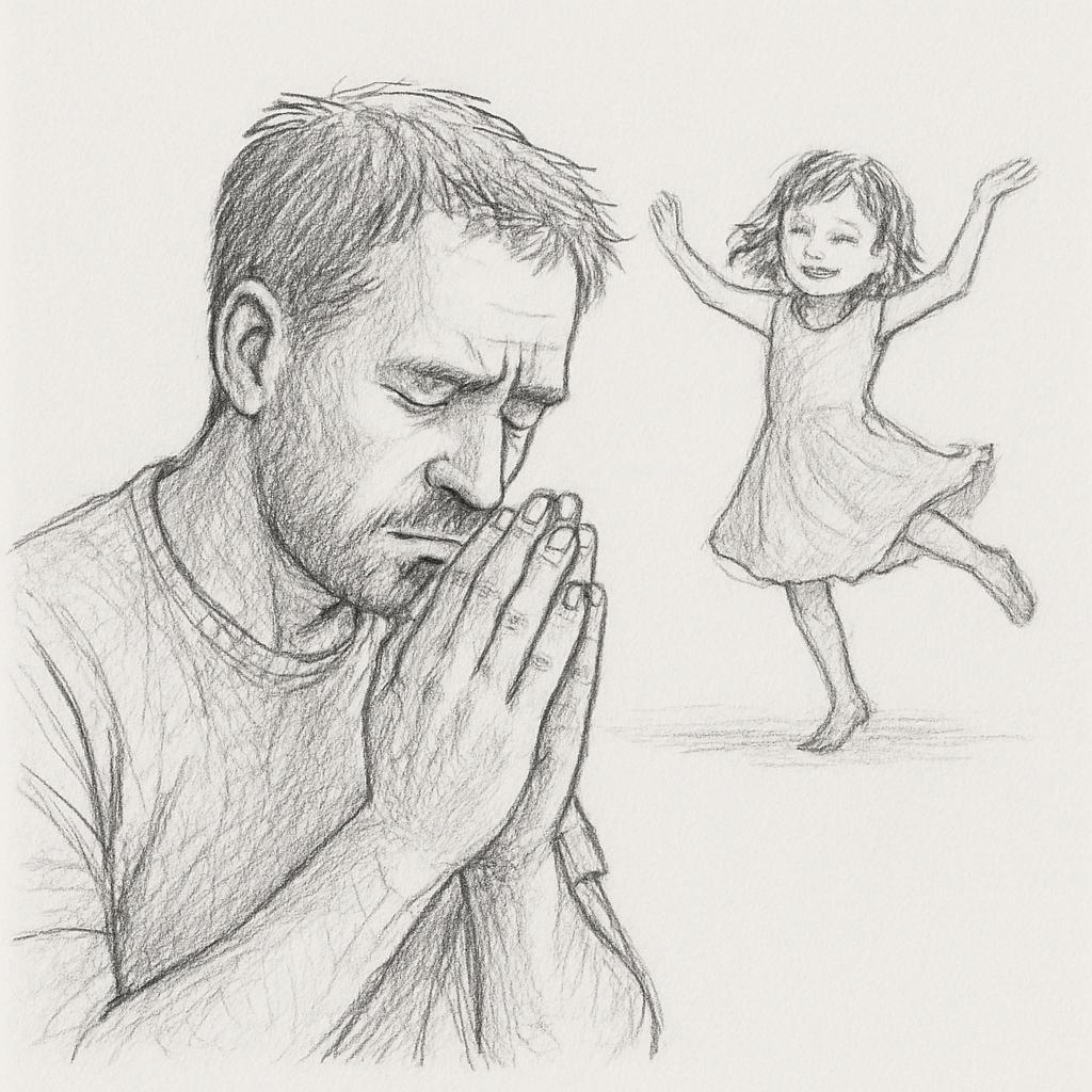 Dad praying for help whilst girl dances in background Blank Meme Template