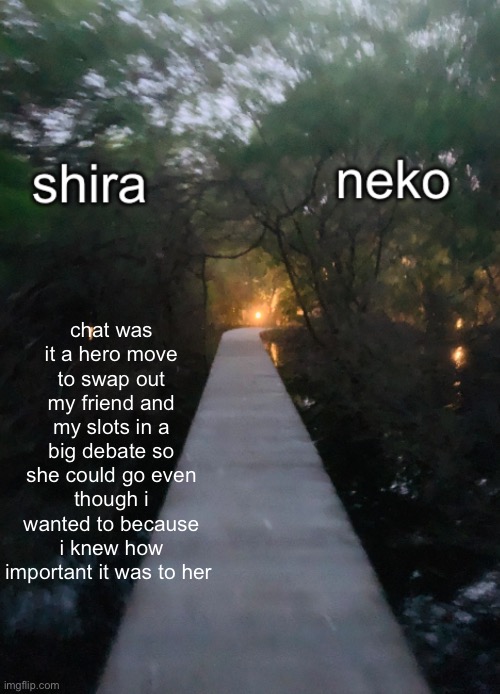 shira n neko shared temp | chat was it a hero move to swap out my friend and my slots in a big debate so she could go even though i wanted to because i knew how important it was to her | image tagged in shira n neko shared temp | made w/ Imgflip meme maker
