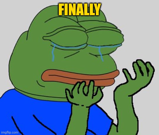 pepe cry | FINALLY | image tagged in pepe cry | made w/ Imgflip meme maker