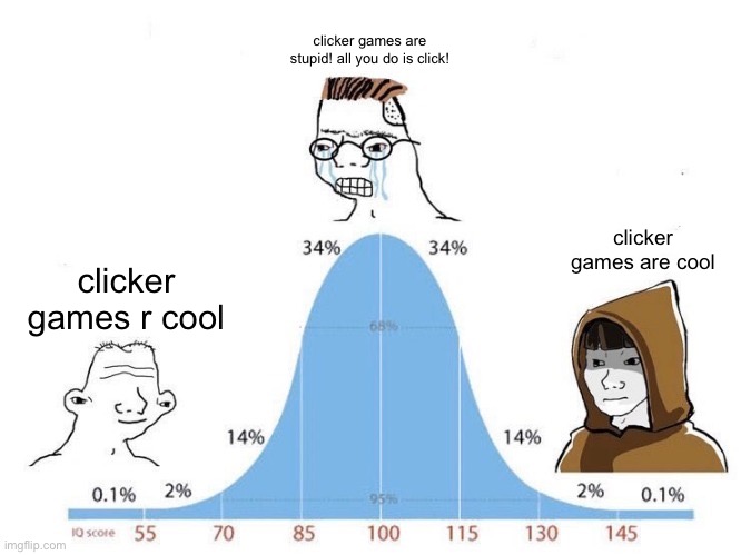 so true | clicker games are stupid! all you do is click! clicker games are cool; clicker games r cool | image tagged in bell curve,gaming,funny,memes,relatable,clickers | made w/ Imgflip meme maker