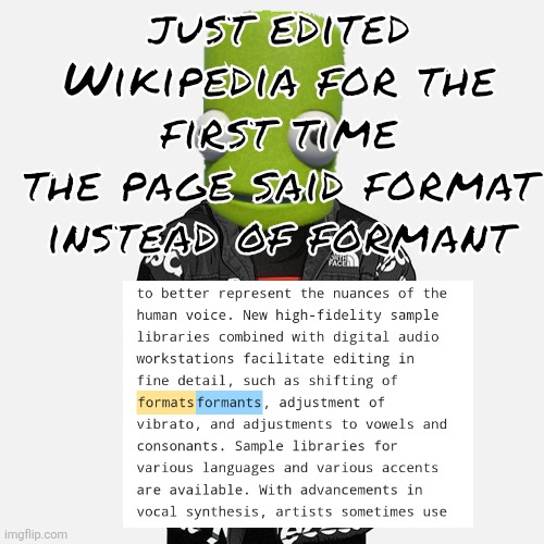 btw a formant is a resonant frequency that changes speech sounds | just edited Wikipedia for the first time
the page said format instead of formant | image tagged in epilektoi drip | made w/ Imgflip meme maker