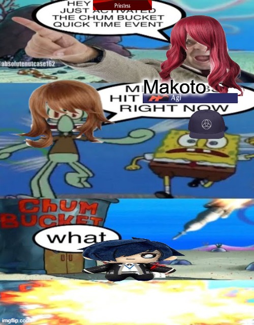 Persona 3 Reload first boss be like | Makoto | image tagged in spongebob quick time event | made w/ Imgflip meme maker