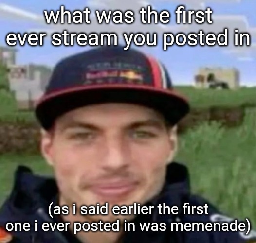 max verstrappen | what was the first ever stream you posted in; (as i said earlier the first one i ever posted in was memenade) | image tagged in max verstrappen | made w/ Imgflip meme maker