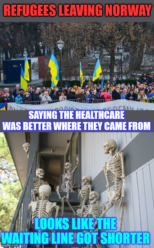 Didn't like waiting lines | REFUGEES LEAVING NORWAY; SAYING THE HEALTHCARE WAS BETTER WHERE THEY CAME FROM; LOOKS LIKE THE WAITING LINE GOT SHORTER | image tagged in waiting line,socialized medicine,sucks | made w/ Imgflip meme maker