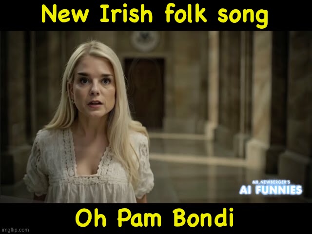 https://m.youtube.com/watch?v=fBXvuKSBw50 | New Irish folk song; Oh Pam Bondi | image tagged in ai funnies | made w/ Imgflip meme maker