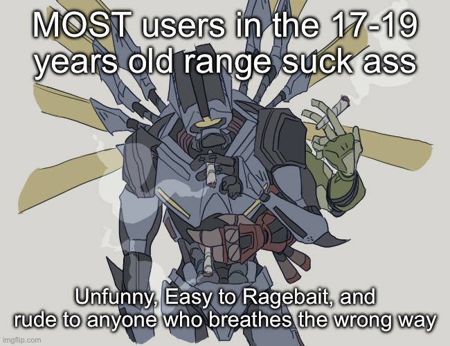 MOST users in the 17-19 years old range suck ass; Unfunny, Easy to Ragebait, and rude to anyone who breathes the wrong way | made w/ Imgflip meme maker
