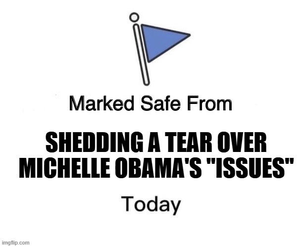 Marked Safe From Big | SHEDDING A TEAR OVER MICHELLE OBAMA'S "ISSUES" | image tagged in marked safe from big | made w/ Imgflip meme maker
