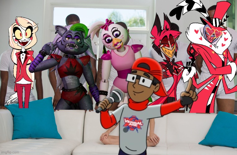 As of those five official videos after the last year's incident, it seems like he has already gone into that kind of route. | image tagged in 5 black guys and blonde,piper perri,hazbin hotel,five nights at freddy's,fnaf,verbalase | made w/ Imgflip meme maker