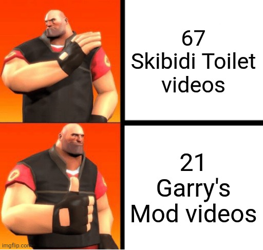 Heavy Drake | 67
Skibidi Toilet videos; 21
Garry's Mod videos | image tagged in heavy drake,67,skibidi toilet,21,gmod,memes | made w/ Imgflip meme maker