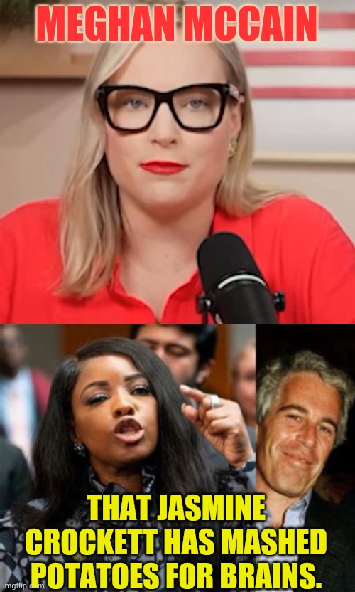 Here i Have To Agree With | MEGHAN MCCAIN; THAT JASMINE CROCKETT HAS MASHED POTATOES FOR BRAINS. | image tagged in memes,politics,mccain,crockett,brains,mash | made w/ Imgflip meme maker