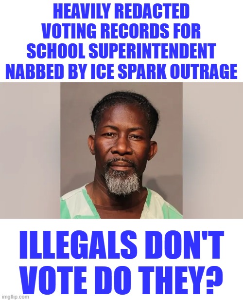 HEAVILY REDACTED VOTING RECORDS FOR SCHOOL SUPERINTENDENT NABBED BY ICE SPARK OUTRAGE; ILLEGALS DON'T VOTE DO THEY? | made w/ Imgflip meme maker