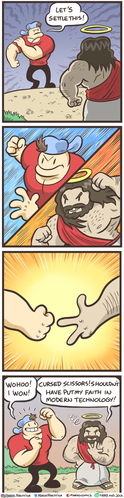 Here's the final thread of the Jock's Date With Olga Marathon! | image tagged in jock,jesus christ,rock paper scissors,rock,paper,victory | made w/ Imgflip meme maker