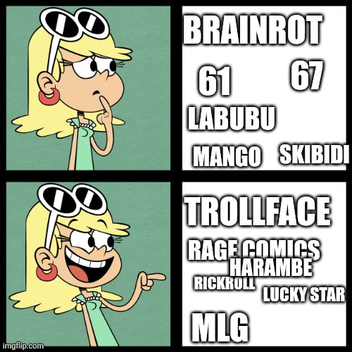 Leni Loud in January 1st, 2026 | BRAINROT; 67; 61; LABUBU; SKIBIDI; MANGO; TROLLFACE; RAGE COMICS; HARAMBE; RICKROLL; LUCKY STAR; MLG | image tagged in leni loud like / dislike,the loud house,the great meme reset,leni loud,memes,mlg | made w/ Imgflip meme maker