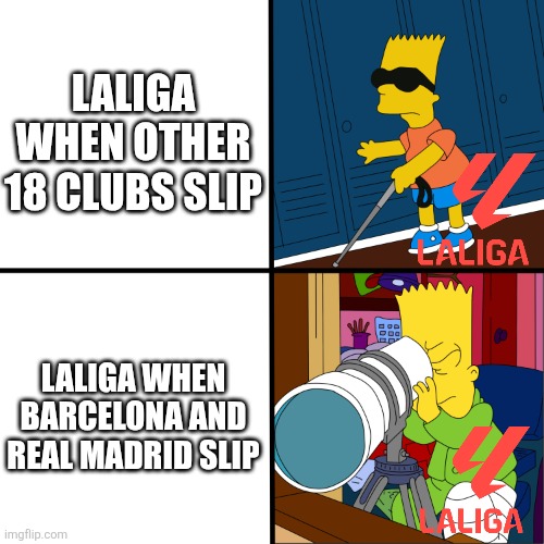 LaLiga be like | LALIGA WHEN OTHER 18 CLUBS SLIP; LALIGA WHEN BARCELONA AND REAL MADRID SLIP | image tagged in blind bart,la liga,barcelona,real madrid,so true memes,sports | made w/ Imgflip meme maker