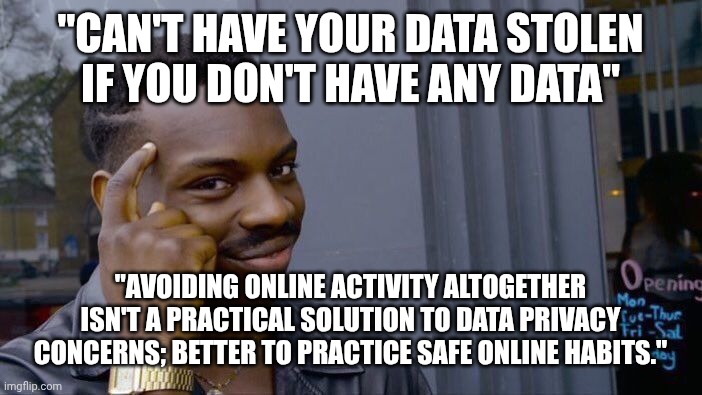 Roll Safe Think About It | "CAN'T HAVE YOUR DATA STOLEN IF YOU DON'T HAVE ANY DATA"; "AVOIDING ONLINE ACTIVITY ALTOGETHER ISN'T A PRACTICAL SOLUTION TO DATA PRIVACY CONCERNS; BETTER TO PRACTICE SAFE ONLINE HABITS." | image tagged in memes,roll safe think about it | made w/ Imgflip meme maker