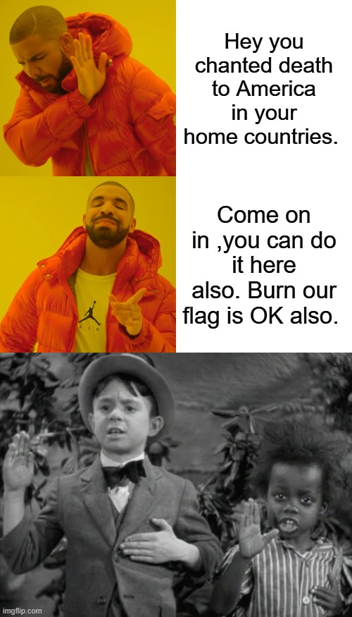 We're welcoming & tolerant of other cultures & beliefs. Hell, we'll even support you & your 1k relatives. We love you. | Hey you chanted death to America in your home countries. Come on in ,you can do it here also. Burn our flag is OK also. | image tagged in memes,drake hotline bling | made w/ Imgflip meme maker