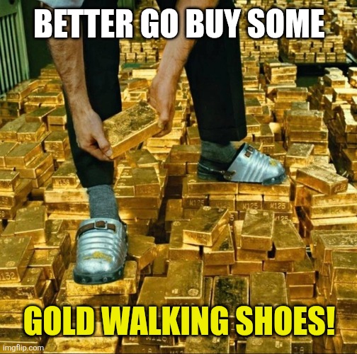 Gold walking shoes | BETTER GO BUY SOME GOLD WALKING SHOES! | image tagged in gold walking shoes | made w/ Imgflip meme maker