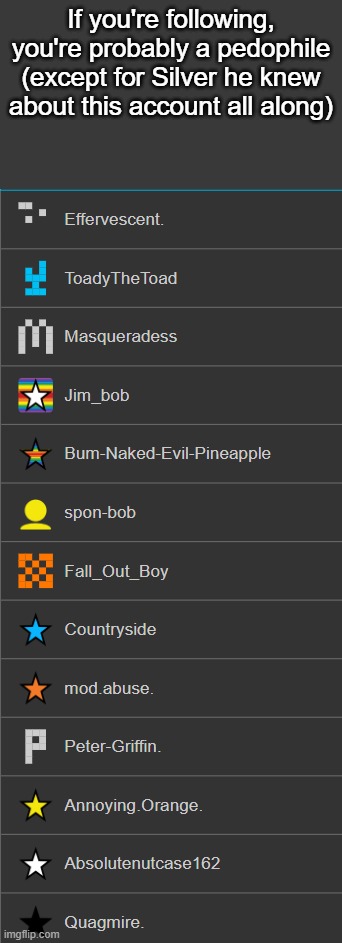 Also a list of Toady's alts | If you're following, you're probably a pedophile (except for Silver he knew about this account all along) | made w/ Imgflip meme maker