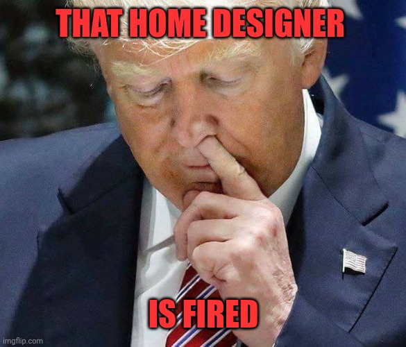 trump picking nose | THAT HOME DESIGNER IS FIRED | image tagged in trump picking nose | made w/ Imgflip meme maker