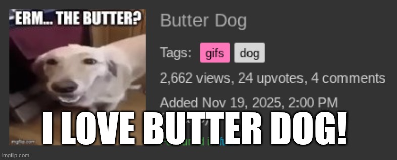 I love sir Butter | I LOVE BUTTER DOG! | image tagged in butter,dog | made w/ Imgflip meme maker