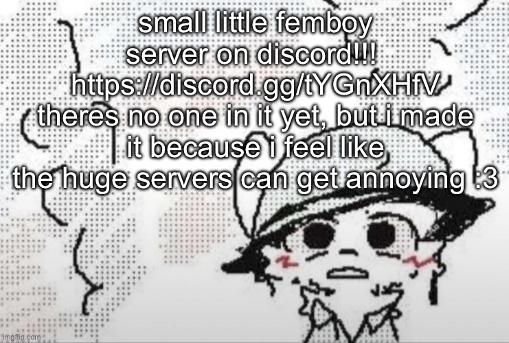 Boykisser thousand yard stare | small little femboy server on discord!!! 
https://discord.gg/tYGnXHfV
theres no one in it yet, but i made it because i feel like the huge servers can get annoying :3 | image tagged in boykisser thousand yard stare | made w/ Imgflip meme maker