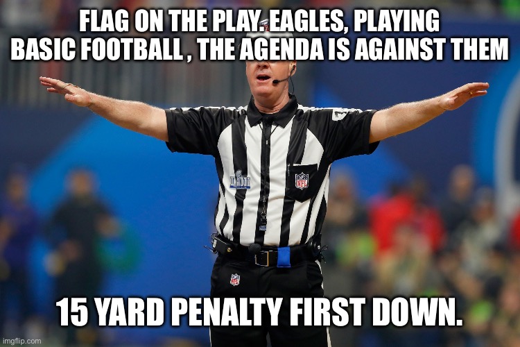 NFL Ref | FLAG ON THE PLAY. EAGLES, PLAYING BASIC FOOTBALL , THE AGENDA IS AGAINST THEM; 15 YARD PENALTY FIRST DOWN. | image tagged in nfl ref | made w/ Imgflip meme maker