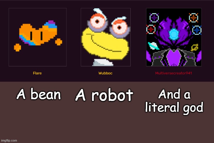 The three heros of wikirune | A robot; And a literal god; A bean | made w/ Imgflip meme maker